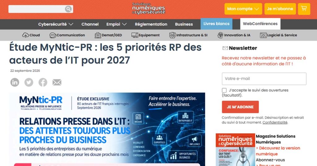 capture d'écran d'un article Myntic dans la presse : les 5 priorités RP des acteurs de l'IT pour 2027